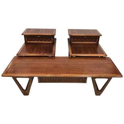 Custom made by mounting a new walnut top on vintage legs with brass accents. Pair of Mid-Century End Tables and Coffee Table by Andre ...