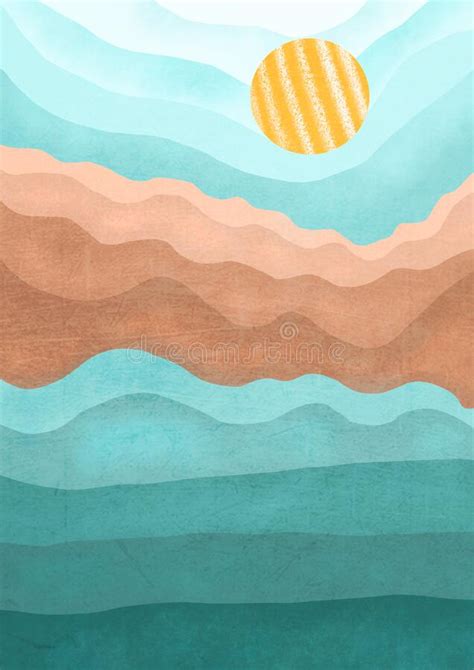 Boho Print Abstract Landscape With Mountains And Sea Background