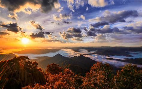 Nature Landscape Far View Mountains Clouds Sky Forest Sunset River Wallpapers Hd