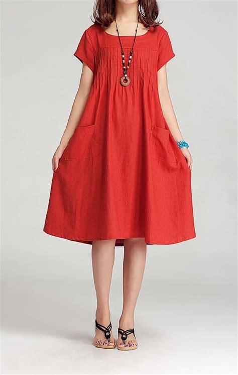 2014 Light Red Women Summer Dress Cotton Linen Loose Sundress Casual