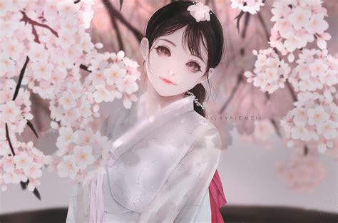 black hair brown eyes cherry blossoms flowers japanese clothes kimono kyrie meii long hair