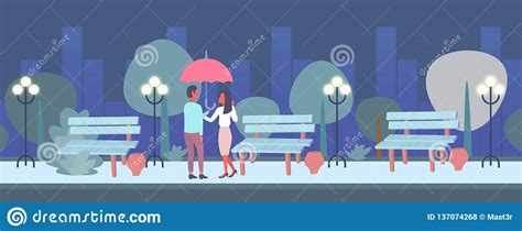 Lovers Couple Under Umbrella Rear View Man Woman Romantic Walking Night