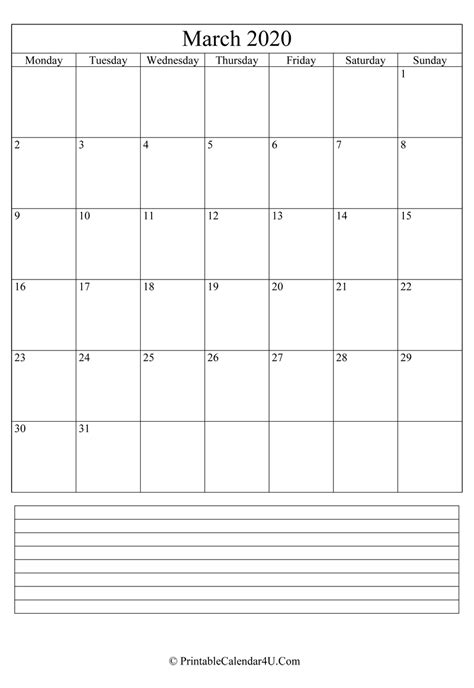 Printable March Calendar 2020 With Notes Portrait