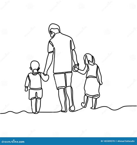 Dibujo De Una Línea De Padre Y Sus Dos Hijos Tomados De La Mano