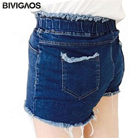 Ripped Elastic Waist Denim Shorts Women Vintage Jeans Short Femme Retro