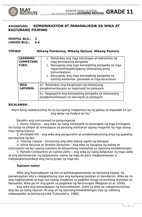 Filipino Aralin Module Asignatura Komunikasyon At Pananaliksik Sa My