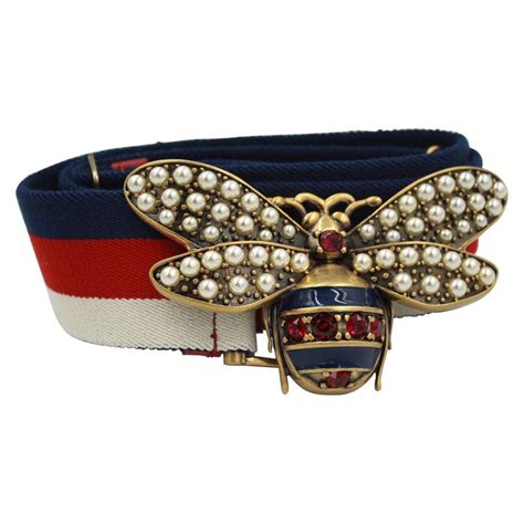 Gucci Canvas Belt With The Bee Buckle Made Of Stone And Fake Pearls At