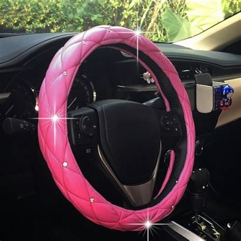 Car Steering Wheel Cover Pu Leather Covers With Rhinestone Pink Black