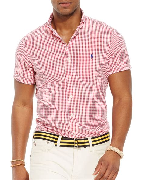 lyst ralph lauren polo short sleeved striped seersucker button down shirt classic fit in red