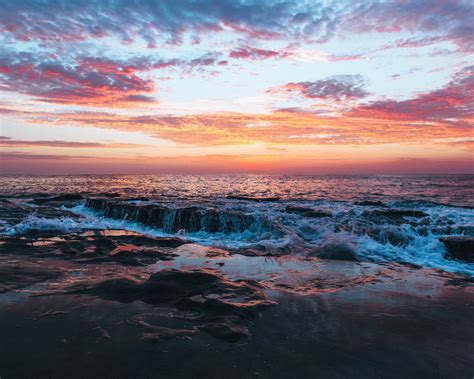Sea Rock Waves Sunset Beach Clouds Wallpapers Hd Desktop And