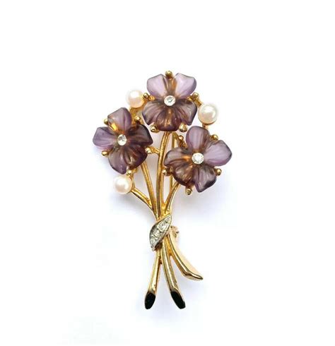 Vintage Designer Robert Mandle Purple Flower Brooch Frosted Glass