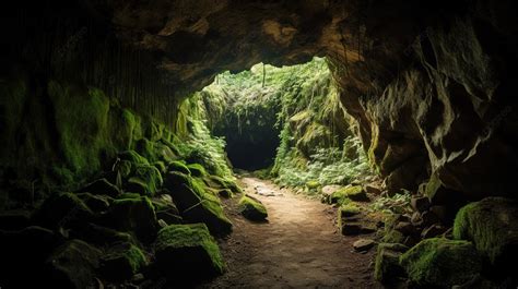 Inside A Cave With Plenty Of Moss Growing Around Rocks And Leaves