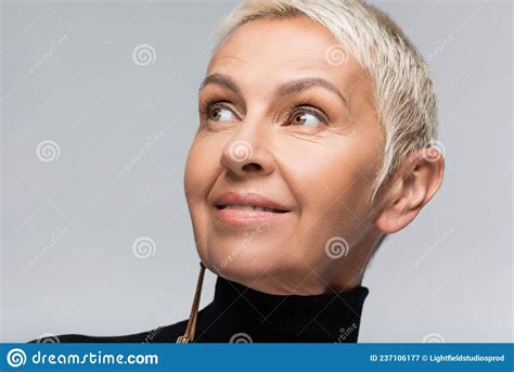 Smiling Senior Woman With Long Earring Stock Image Image Of Lipstick