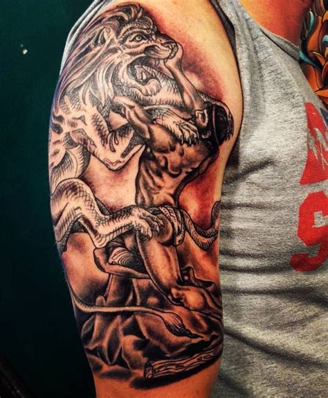 This athena tattoo is positioned on the upper arm and a great start to a tattoo sleeve, however it also goods great as a half sleeve tattoo. Hercules fighting the Nemean Lion. Greek mythology, half ...