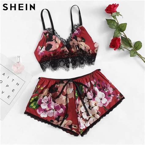 Buy Shein Lace Trim Floral Cami Shorts Pj Set Sexy Spaghetti Strap Sleeveless