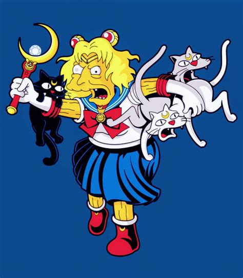 The Simpsons Character Is Holding Two Cats In Her Arms And One Cat On His Back