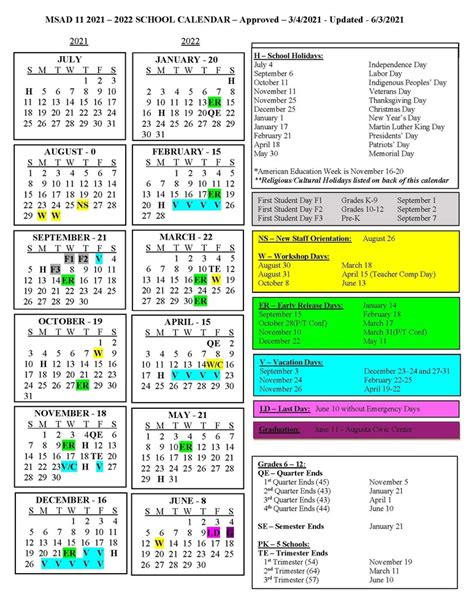 Msad 11 2021 2022 School Calendar Approved March 4 2021 Msad 11