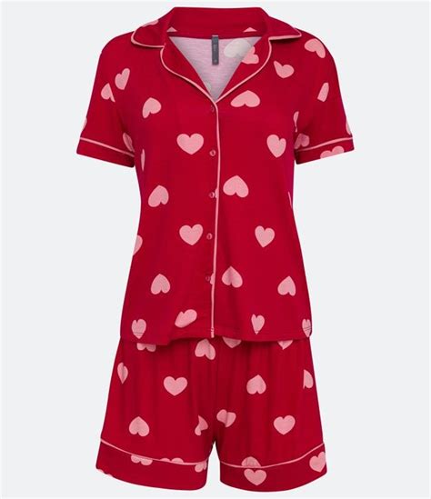 Pijama Americano Curto Em Viscolycra Com Estampa De Corações Vermelho