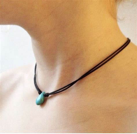 Turquoise Stone Tear Drop Unisex Leather Choker Necklace Rose Quartz
