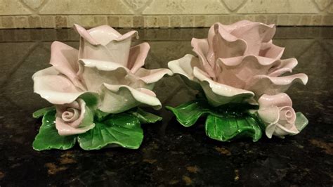 Vintage Capodimonte Porcelain Pink Rose Flower Candle Holders 2 Made