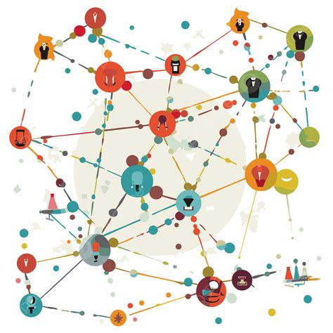 รูปการเชื่อมต่อภาพตัดปะเครือข่ายข้อมูลที่มีวงกลมสีต่างๆและการ์ตูนวัตถุ