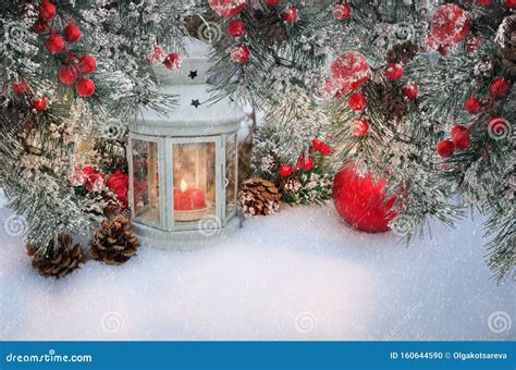 Beautiful Christmas Lantern With Candle And Fir Branches With Cones And