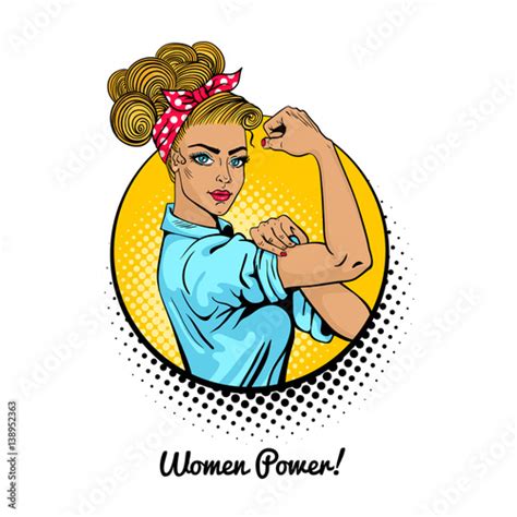 Women Power Pop Art Sexy Strong Blonde Girl In A Circle On White Background Classical American