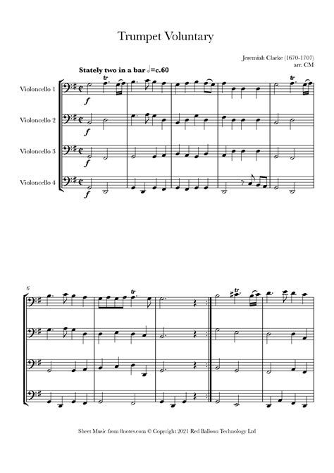 Clarke Jeremy Trumpet Voluntary Sheet Music For Cello Quartet