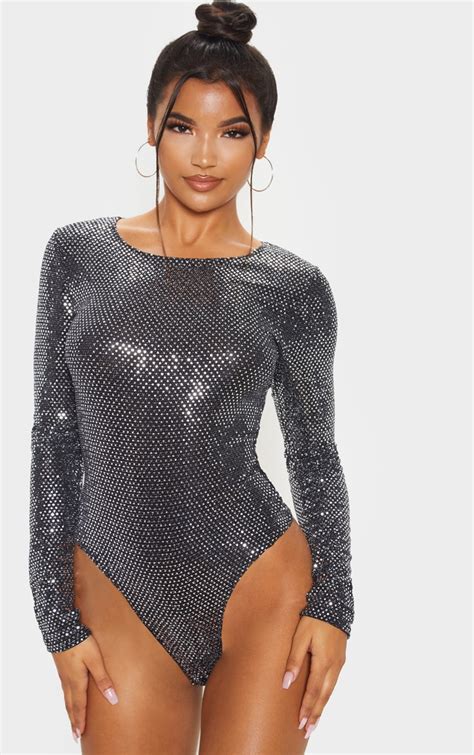 Silver Sequin Long Sleeve Bodysuit Tops Prettylittlething Ca
