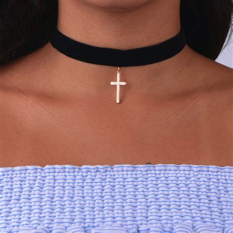 Trendy Light Weight Black Soft Choker Christian Cross Pendant Necklace Choker Night Date Jewelry