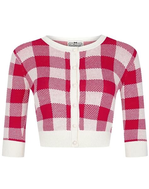 Collectif Lucy Retro 1950s Vintage Gingham Cropped Cardigan Red