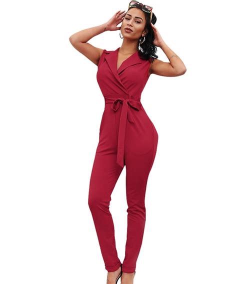 women s elegant v neck bodycon long pants jumpsuit with belt burgundy c418c9oxakh