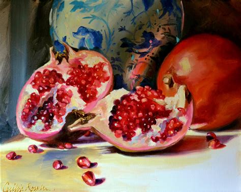Still Life Painting Of Pomegranates And Delft Orange And