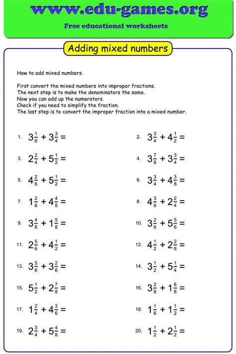 Addition Of Mixed Numbers With Unlike Denominators Worksheets