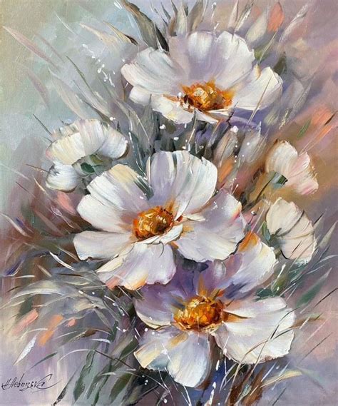White Daisies Oil Painting Original Abstract Wild Flowers Wall Etsy