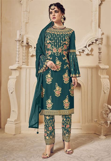 Buy Embroidered Georgette Pakistani Suit In Teal Blue Online Kch5230