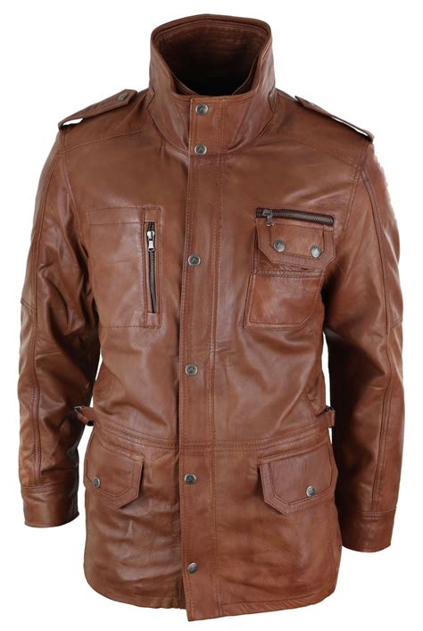 Mens 3/4 Tailored Fit Safari Parka Jacket Genuine Real Leather Military ...