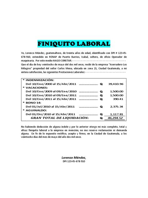 Pdf Finiquito Laboral Modelo Dokumentips