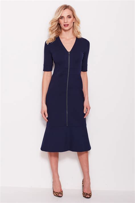 Navy Blue Zip Front Ponte Dress Casual Work Dresses Dresses Casual