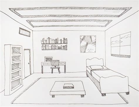 A Drawing Of A Living Room With Couch Coffee Table And Bookshelf On