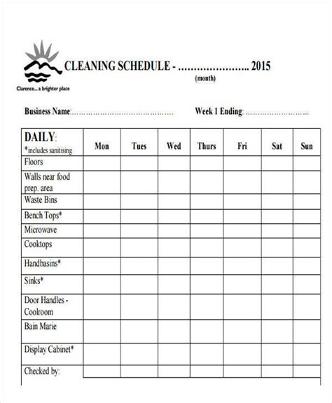 Daily Cleaning Schedule Chart