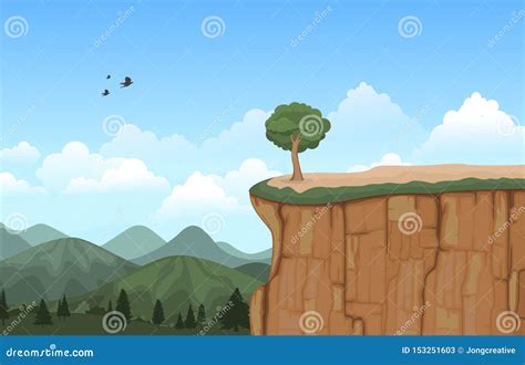 Mountain Valley Cliff Tree Nature Landscape Vector Illustration Stock