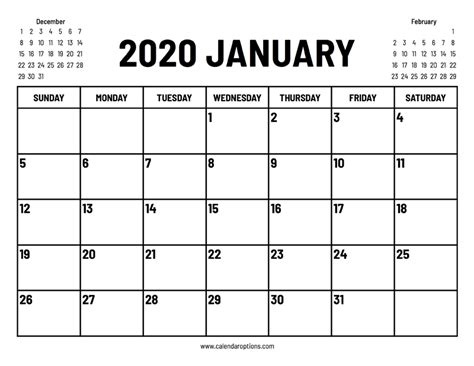 2020 January Calendar Calendar Options