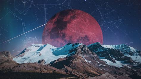 Space Moon Red Moon Mountains Glitch Art Snow Constellations