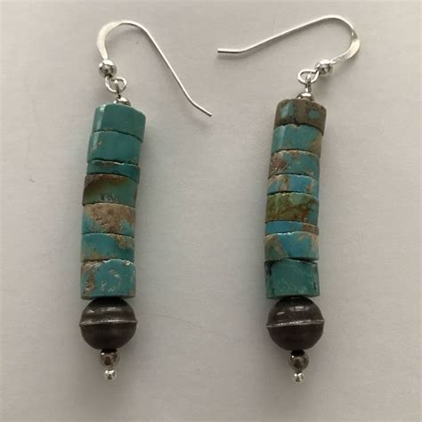 Long Old Turquoise Heishi Earrings Sterling Benchbeads Hand Etsy