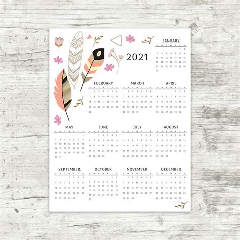 2021 Year At A Glance Calendar Feathers Printable Calendar At A