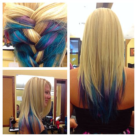 Here is a great example of blonde highlights used to accentuate the shades of the light brown base. Blonde with Elumen color teal blue and purple on Long ...