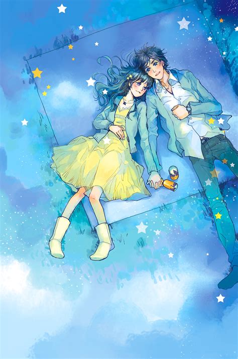 Anime Couple Yellow Dress Boy Love Stars Romantic Blue Sky