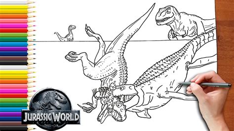 T Rex And Blue And Mosasaurus Vs Indominus Rex Drawing Jurassic World Fan Art Youtube