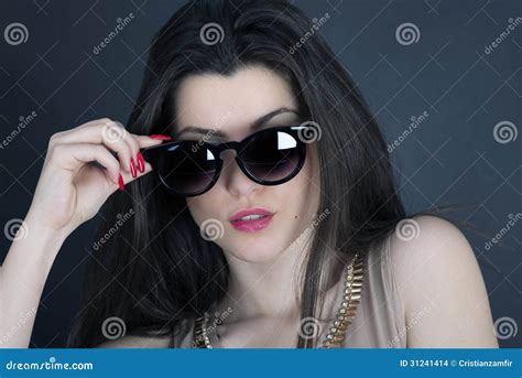 Beautiful Long Hair Brunette Woman Wearing Sunglasses Portrait Stock Images Image 31241414